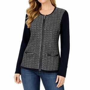 Talbots Merino Wool Knit Zip Jacket Black Cream Size S